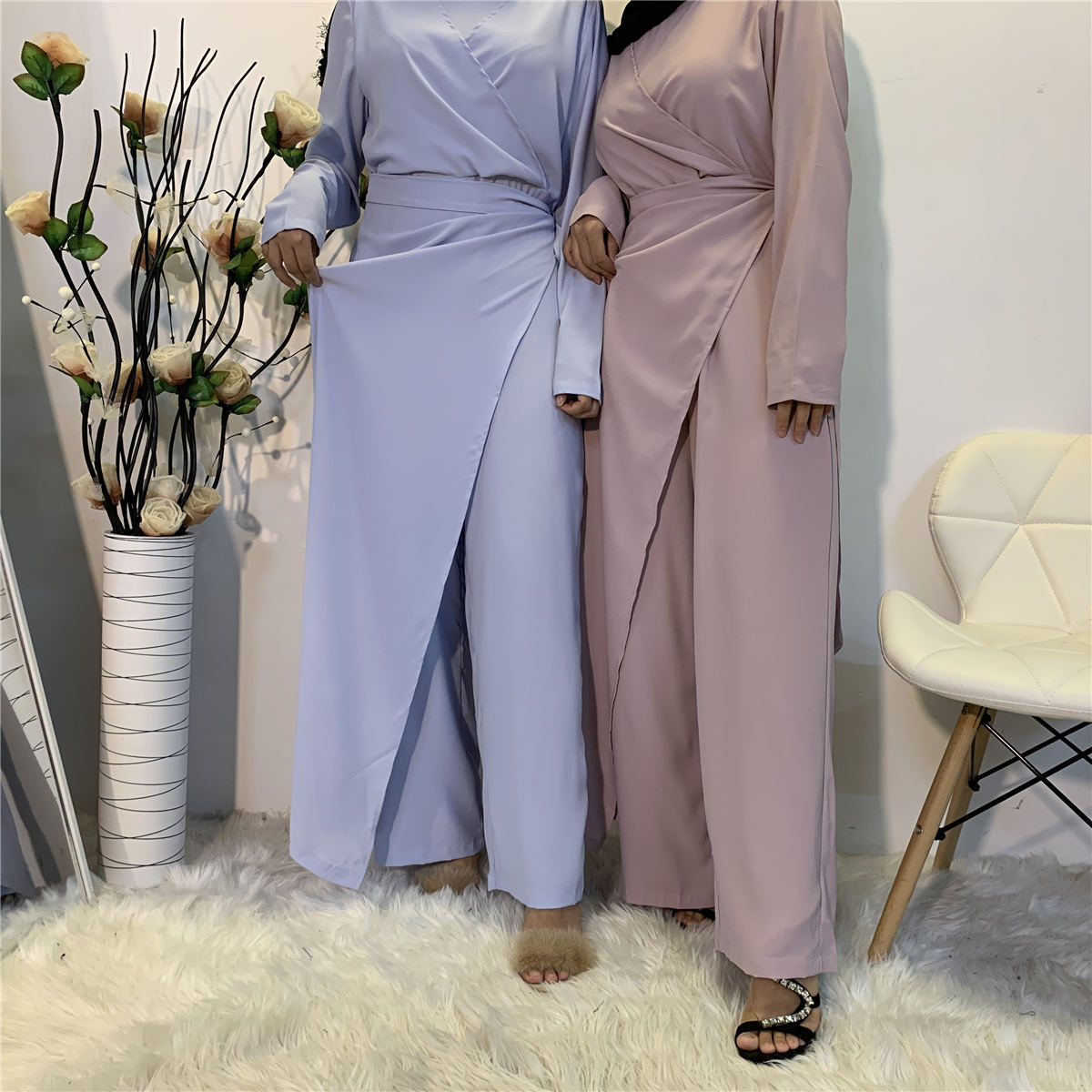 Wide Leg Jumpsuit Women Kaftan Turkey Lace-up Solid Muslim Clothes Long Sleeve Islam Khimar Hijab Abaya Dubai Islamic Clothing