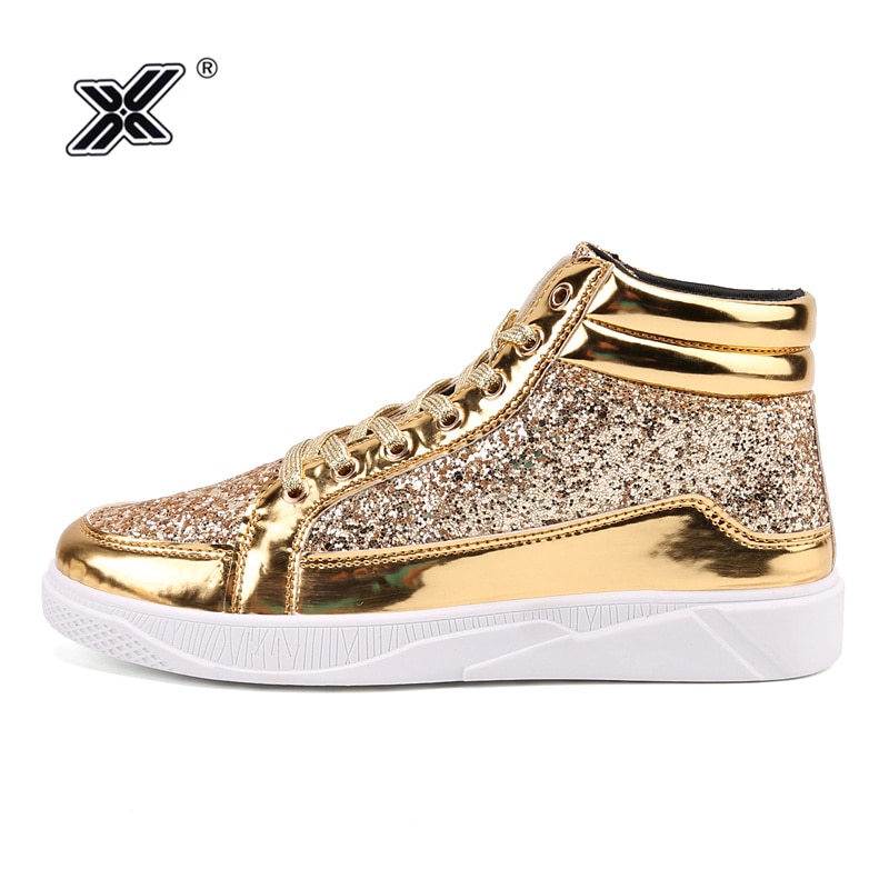 X Hot Fashion Golden Shiny Mirrors Mens Shoes Casual Club Bar Glitter Streetwear Hip hop High top Men Sneakers zapatos de hombre