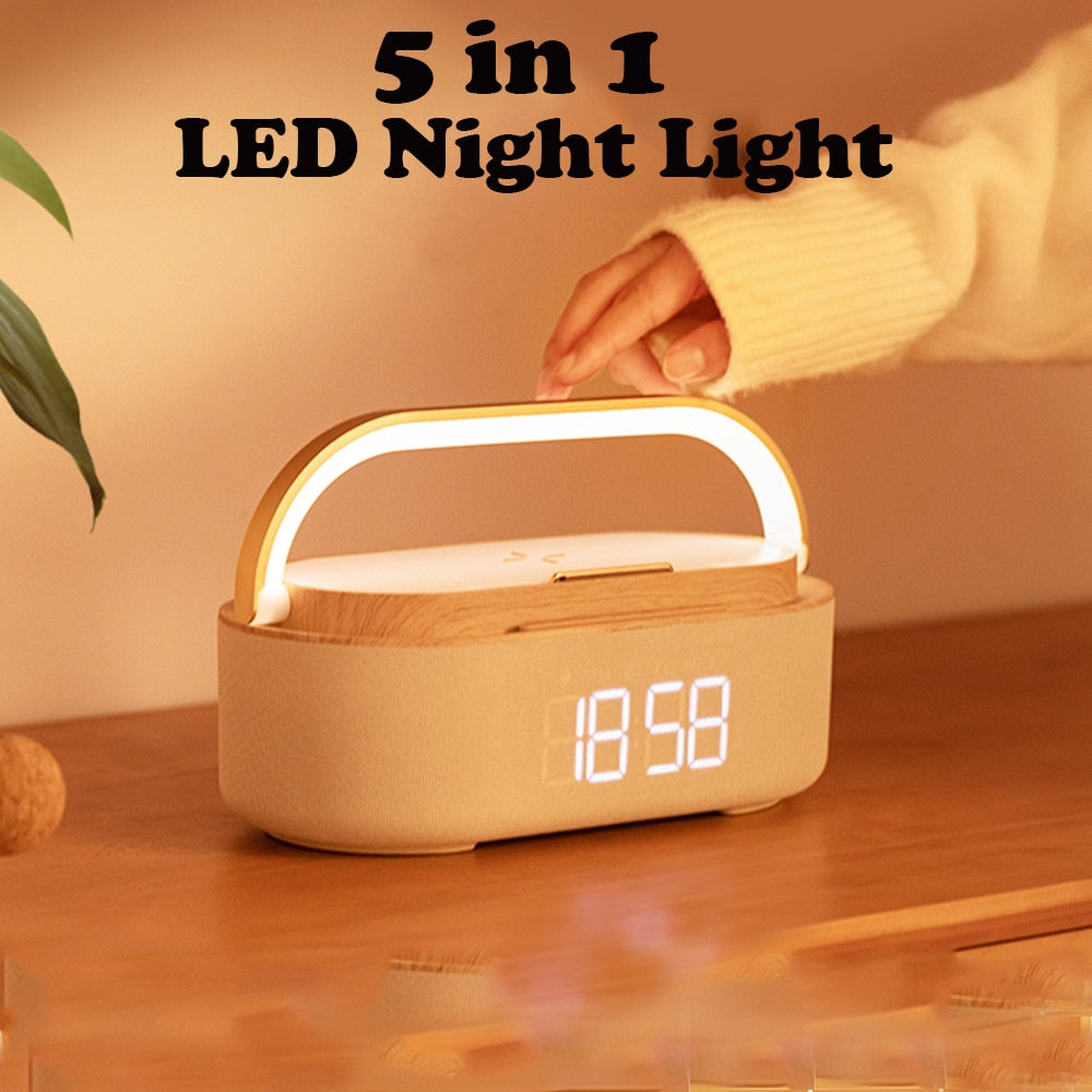 5 IN 1 LED Night Light Touch Mode Three-step Brightness USB Charge Digital Alarm Clock Radio Bluetooth Speaker Wireless Charger