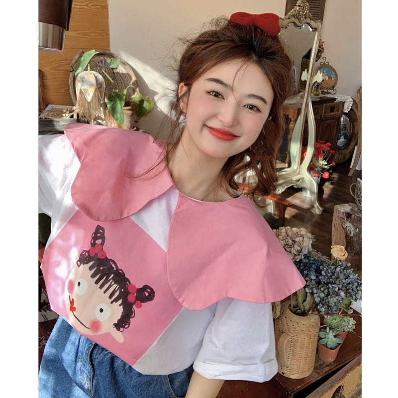 Korean sweet and cute girls hit color doll collar loose T-shirt women's short-sleeved summer design sense niche top summer