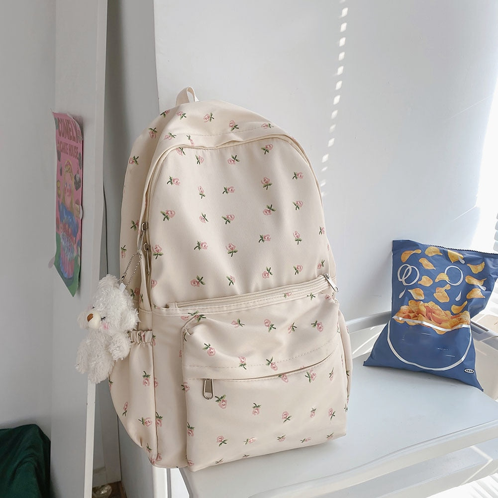 Fashion Floral Prints Backpack Girls Fresh School Bookbag College Students Teenage Girl Bags Mochila with Pendant Decoration