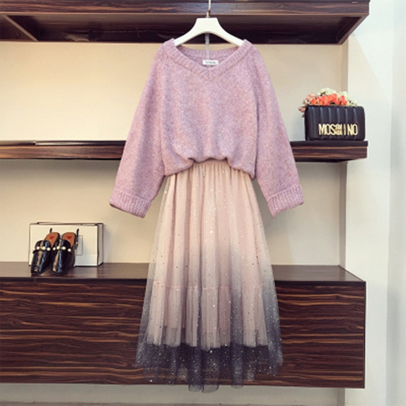 Women 2022 Autumn Winter Suits Sweater Pink Loose Warm Knitted Tops And Designer Sequins Gradient Mesh Skirt Two Piece Set