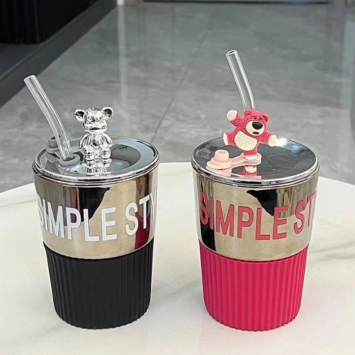 Ins style cute heat-resistant glass water cup girls high-value mug with lid spoon office coffee breakfast cup