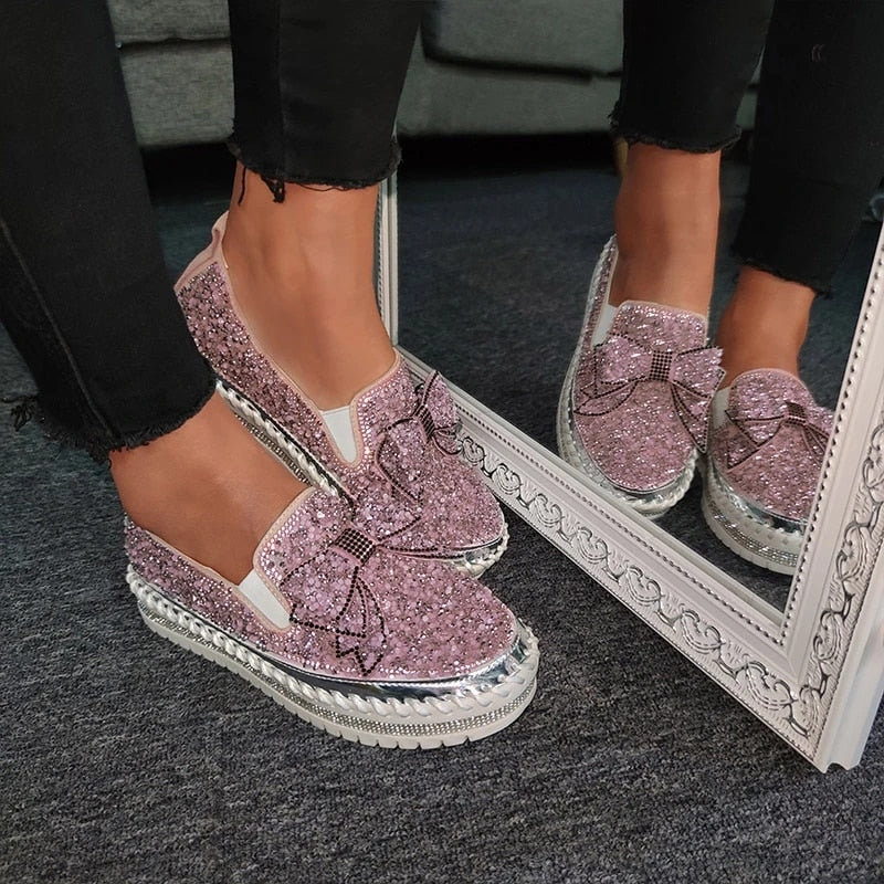 HotShining Rhinestone Slip-On Thick Botton Casual Ladies Crystal Shoes