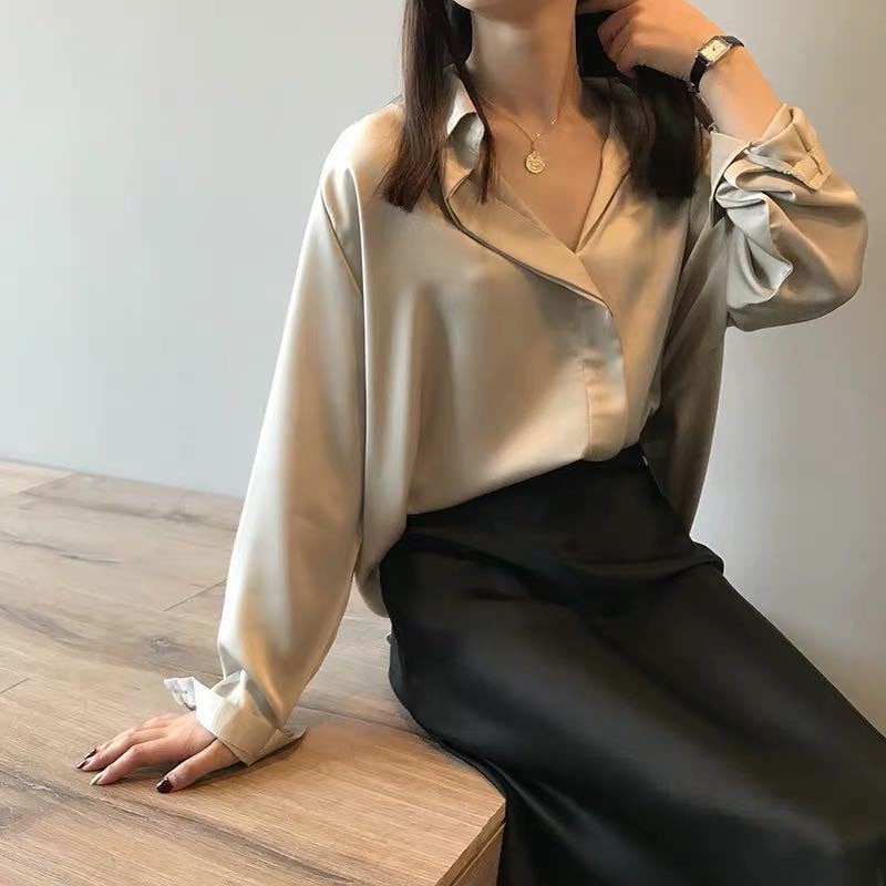 OL Summer Autumn Silk Shirts Blouses Women Solid Long Sleeve Lapel Loose Elegant Blouse Single-breasted Shirts Tops