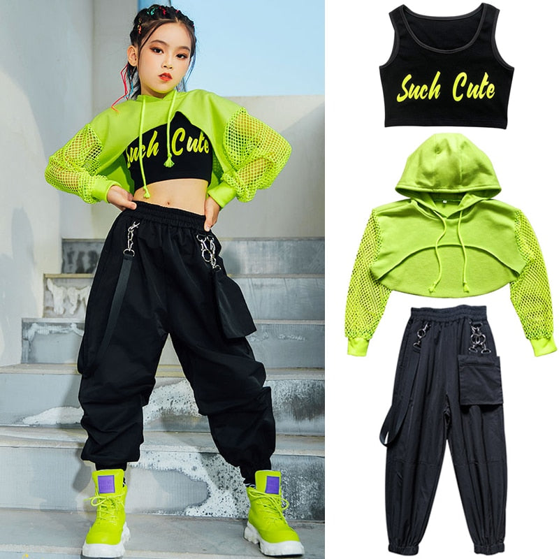 Popxstar Valentine's Day Jazz Costume Hip Hop Girls Clothing Green Tops Net Sleeve Black Hip Hop Pants For Kids Performance Modern Dancing Clothes BL5311