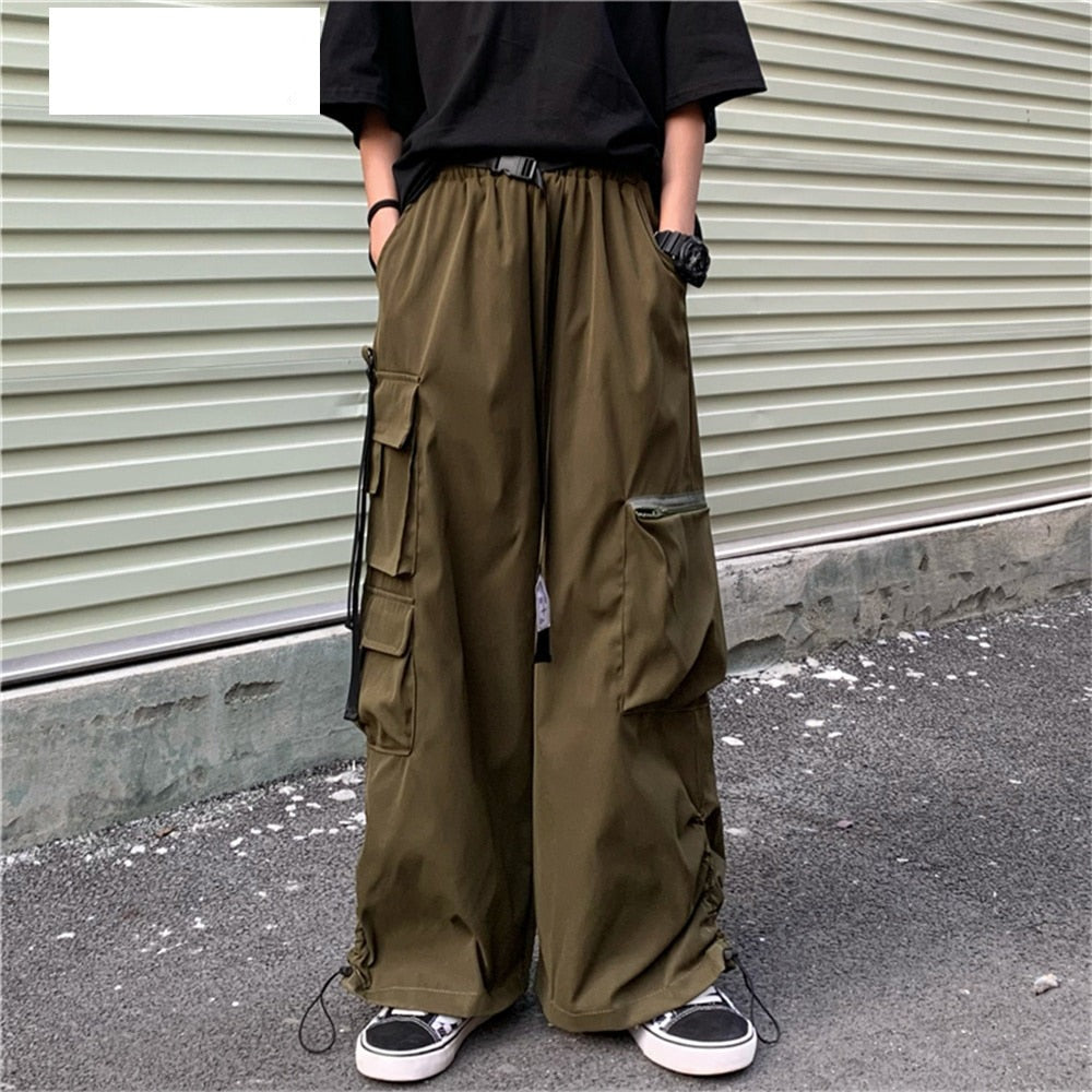 Inongge Men's Military Green Overalls Elastic Waist Trousers Men's Straight Loose New Versatile Multi-Pocket Wide-Leg Black Casual Pants