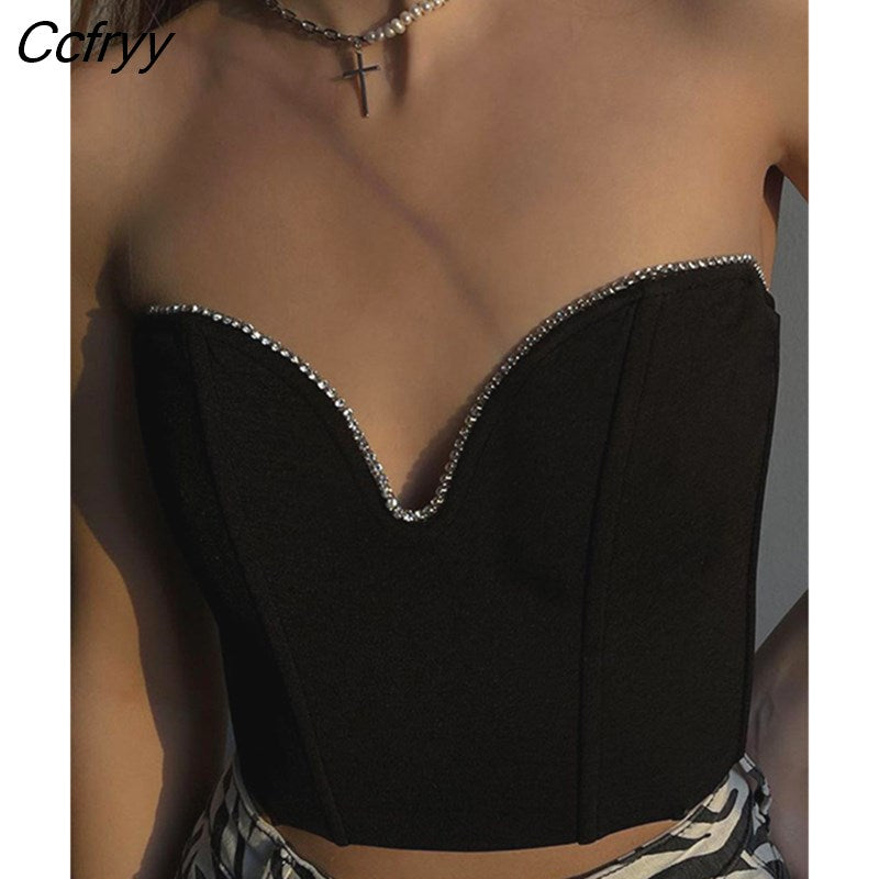 Ccfryy Y2K Sleeveless Vintage Bustier Corset Tops Women Night Club Sexy Backless Off Shoulder Diamonds Black Tube Crop Tops 2023