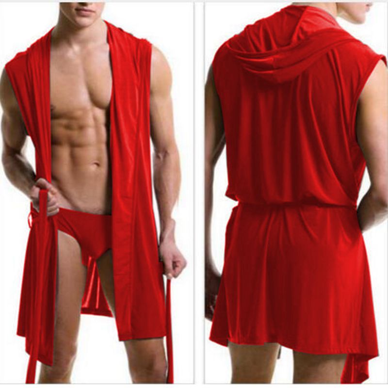 Inongge men sexy pajamas sleepwear Silk pijama hombre hooded bathrobe men bath 5 color set Summer dress bath robe with briefs