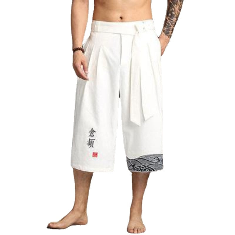 Japanese and Korean Kimono Men's Linen Cropped Trousers Yoga Loose Long  3/4 Pant Summer  Bushido Training Pants Taekwondo pants
