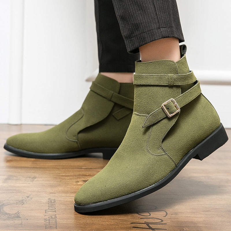 New Green Retro Men's Boots Buckle Design Suede Leather Boots Dress Formal Boots Casual Winter Chelsea Men Shoes botas de hombre