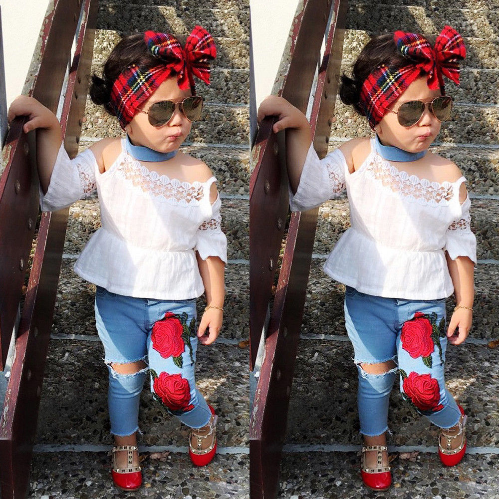 Newest Toddler Kids Girls Lace Tops Shirt Flower Jeans Denim Pants Outfits Set