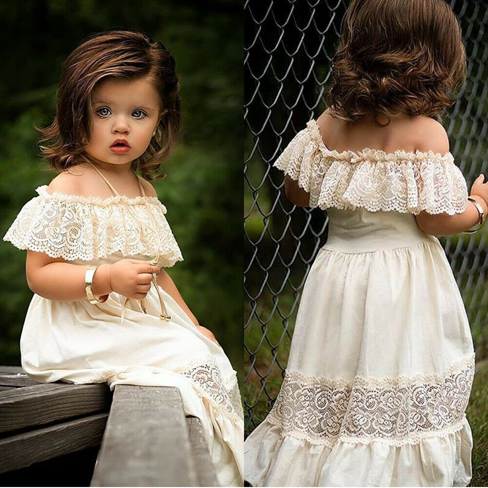 US Toddler Baby Girl Summer Off-Shoulder Ruffle Lace Party Dress Casual Clothes