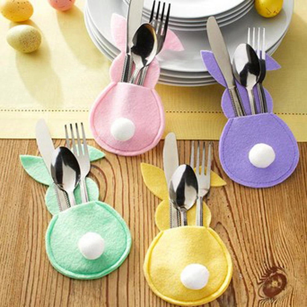 4Pcs Easter Bunny Felt Cutlery Holder Bag Happy Easter Decorations for Home Tableware Accessories Rabbit Cutlery Cover Bag Table