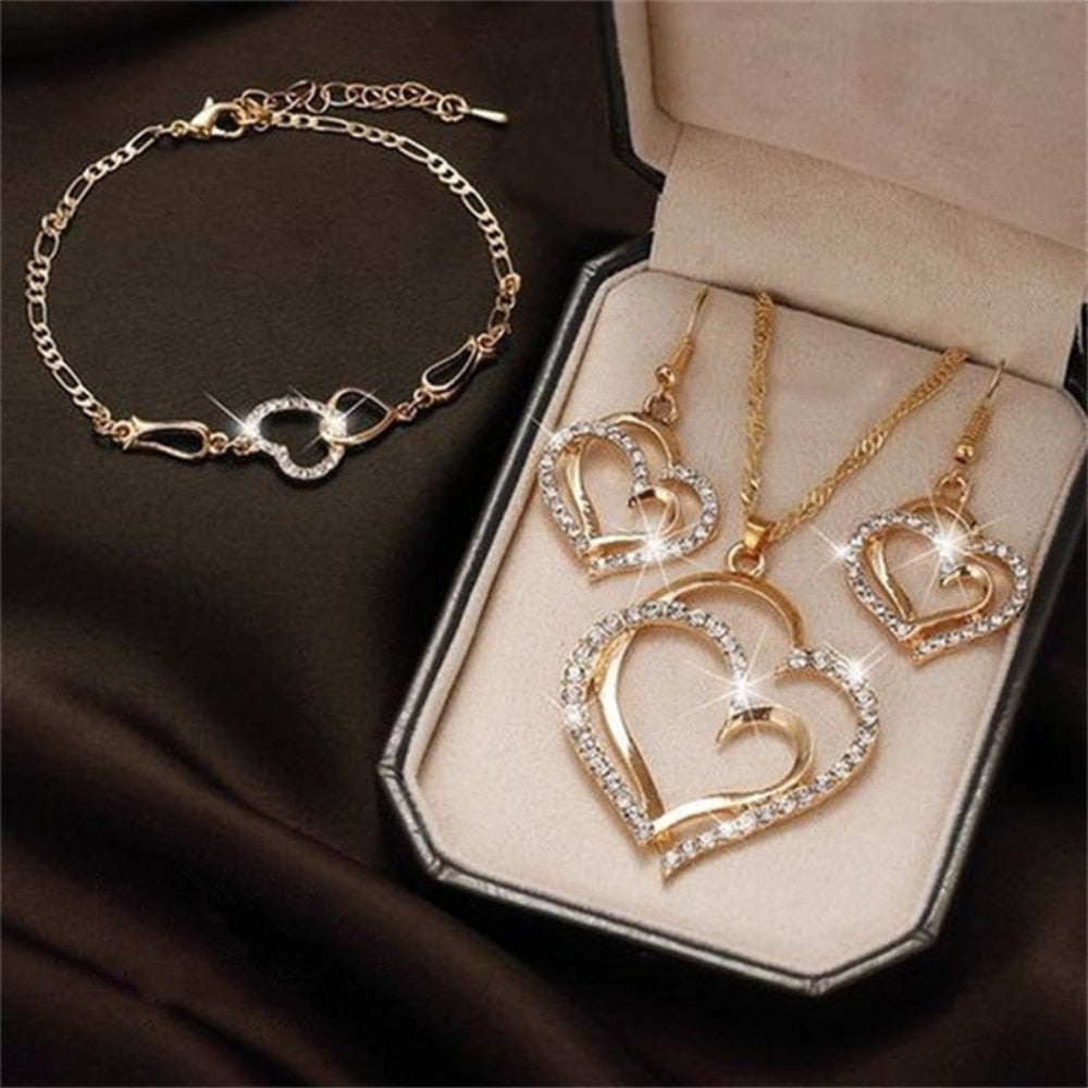 Fashion New Gold Color Silver Color Double Love Pendant Necklace Earring Bracelet Sweet Romantic Ladies Wedding Jewelry Set Gift