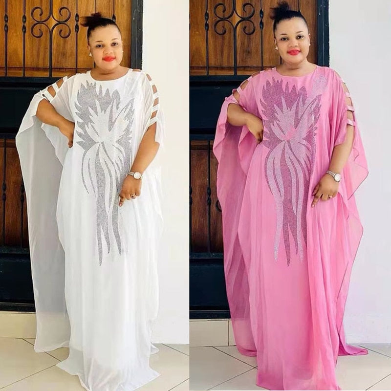 Hnewly Luxurious Crystals African Dress for Women Muslim Abaya Femme Chiffon Robes Evening Long Dresses Islamic Clothes Plus Size