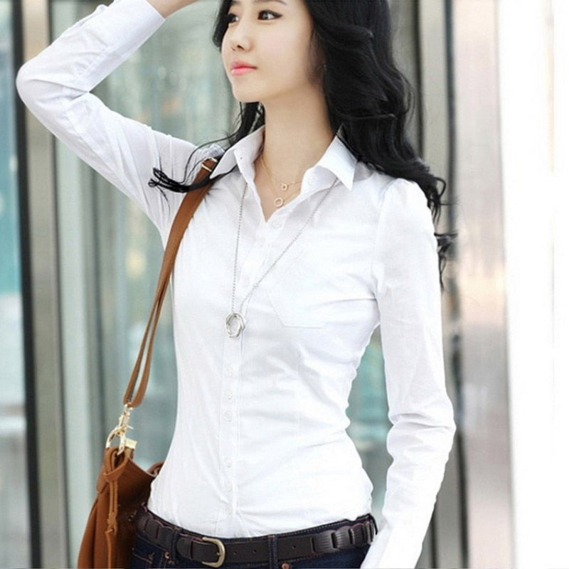 New Fashion Summer Qualities Women's Office Lady Formal Party Long Sleeve Slim Collar Blouse Casual Solid White Shirt Tops