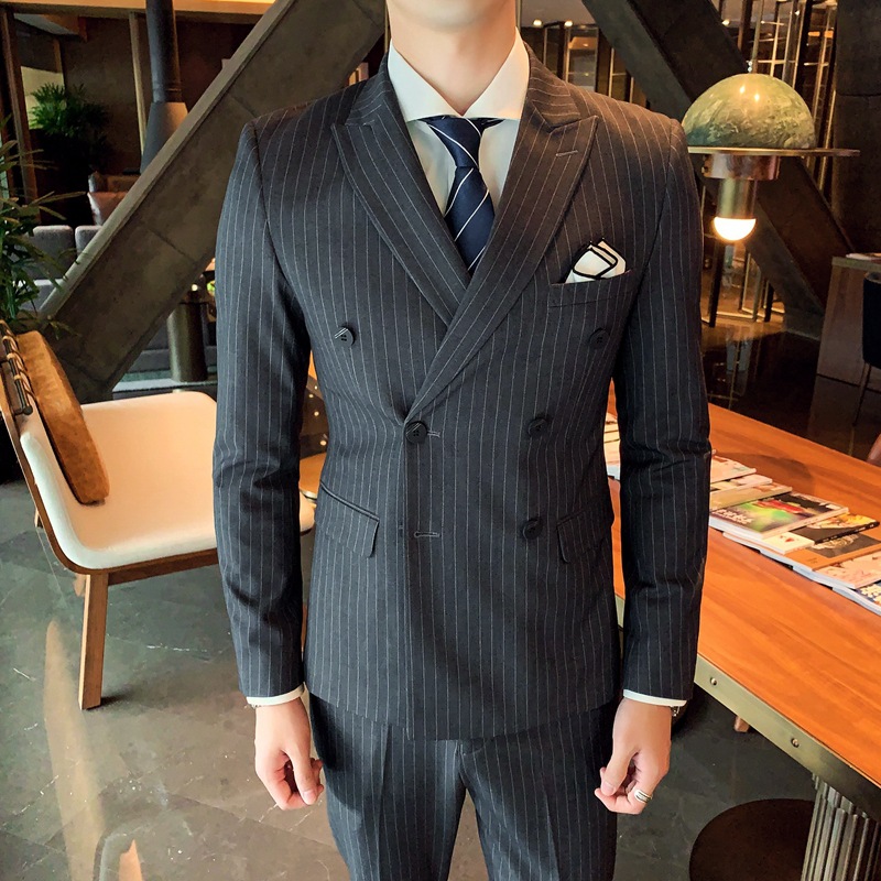 Double-breasted suit men's spring spring suit suit groom wedding wedding dress striped formal three-piece suit