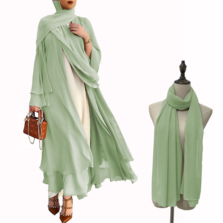 Factory direct supply Yiduoduo European and American solid color cardigan soft chiffon large size women's dress with headscarf 21419