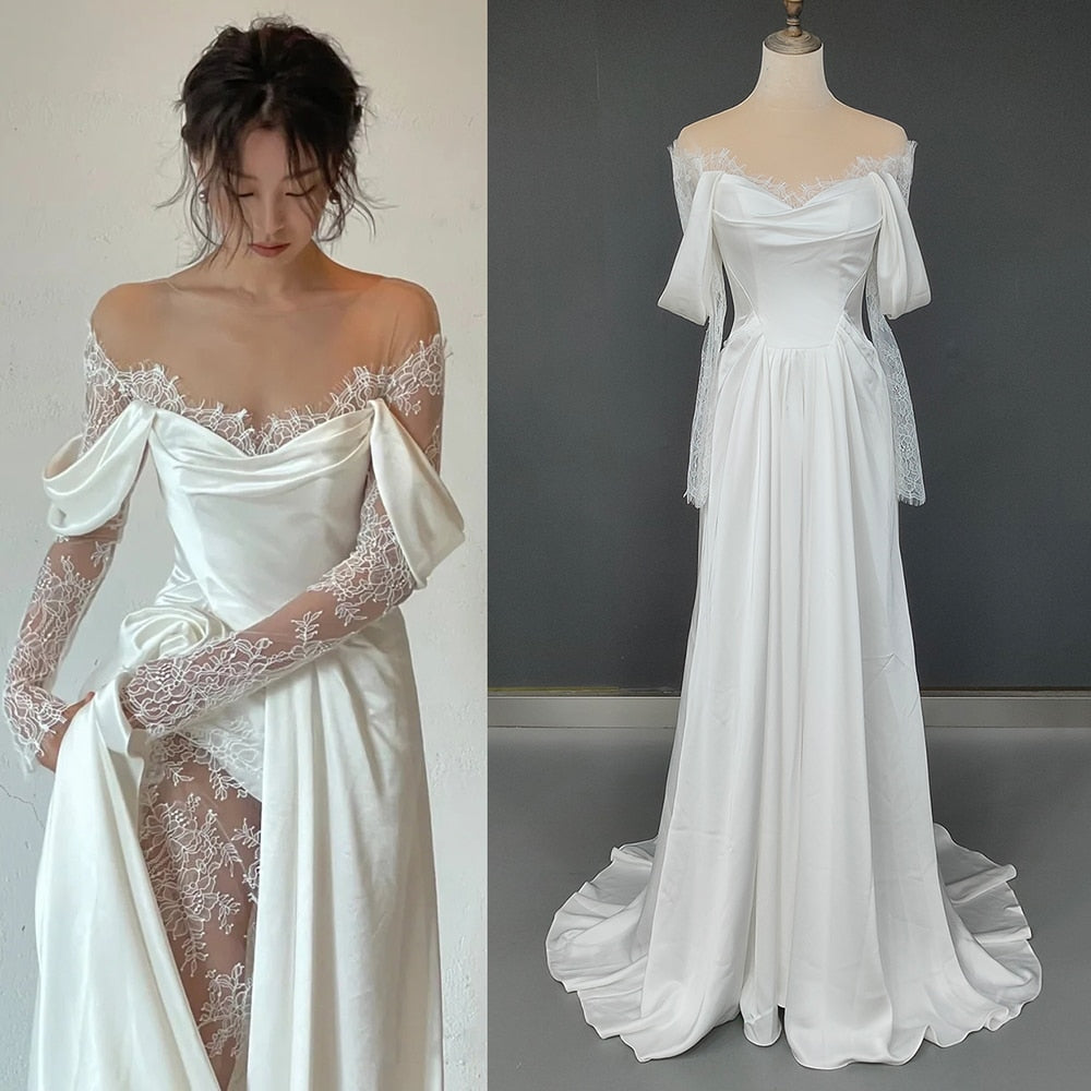 Oklulu Off Shoulder Lace Wedding Gowns Big Size Custom Made A Line Long Sleeves Ruched Satin High Slit Bridal Dress