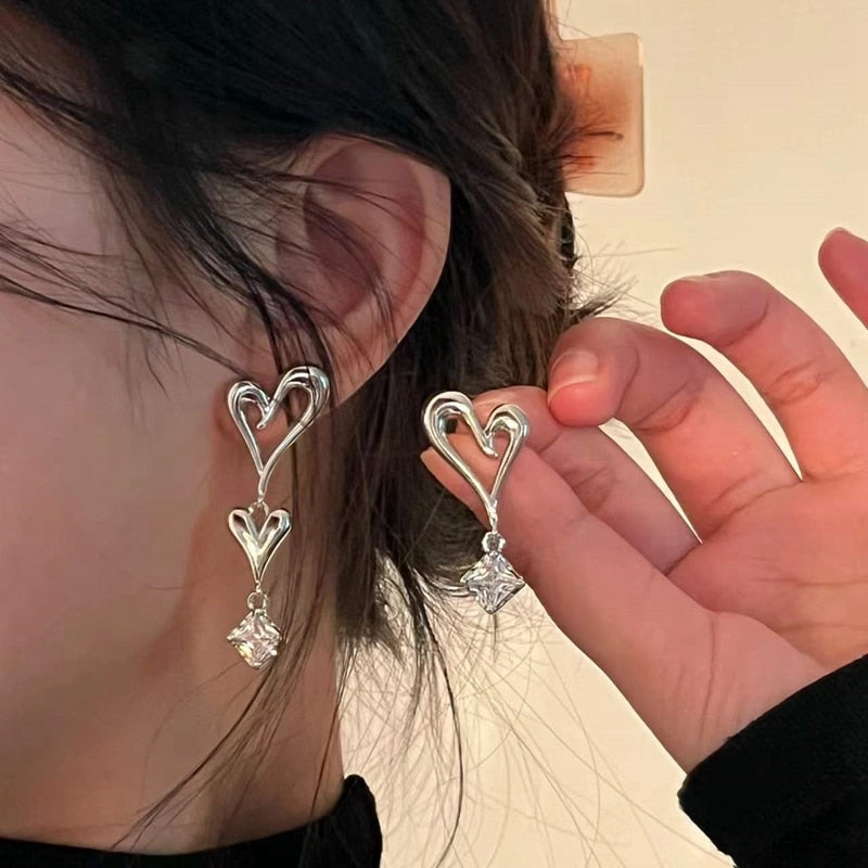 MENGJIQIAO Korean Fashion Asymmetric Metal Heart Drop Earrings For Women Girls Trendy Zircon Boucle D'oreille Party Jewelry