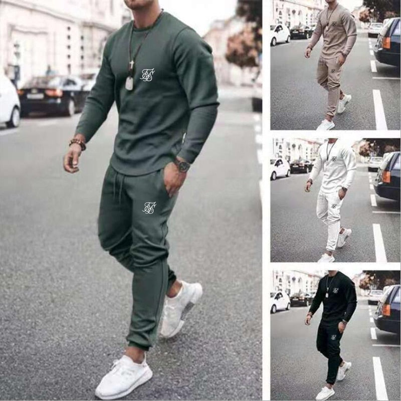 2021Autumn New Sik Silk Print Men&#39;s Fashion Trend Casual Sports Long-Sleeved T-Shirt Outdoor Jogging Sweatshirt Suit 2 Piece Set