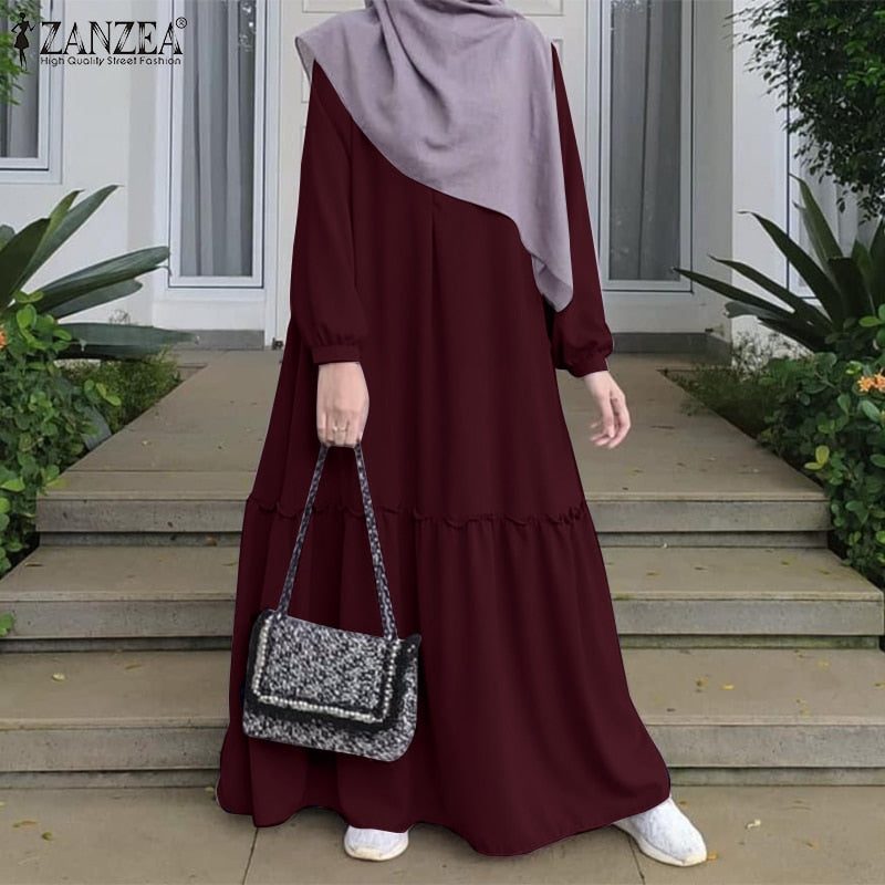Long Dress ZANZEA Women Elegant Full Sleeved Casual Loose Muslim Dresses Fashion Dubai Turkey Abaya Hijab Dress Robe