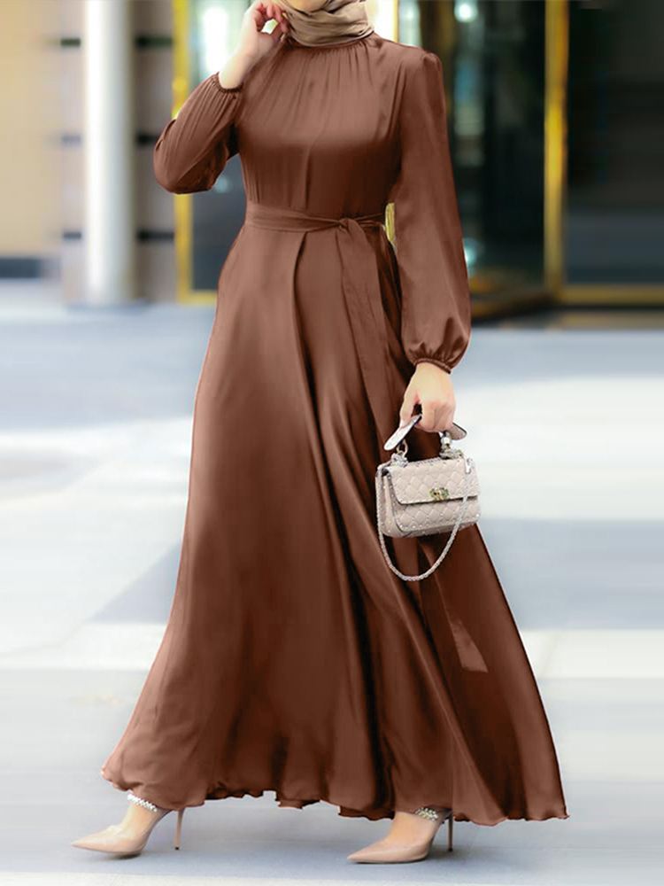 Women's Muslim Party Solid Satin Maxi Dress 2023 Spring Chic Elegant Puff Sleeve Robe Casual Holiday Swing Kaftan OL Dubai Abaya