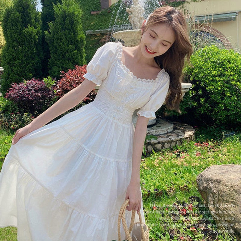 Hnewly Lucyever French Style Waist-Tight White Dress Women Elegant Lace Square Collar Long Dress Woman Summer Kawaii Fairy Dresses