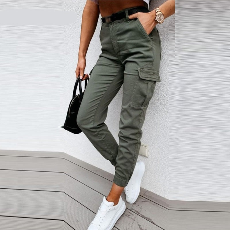 Hnewly Women Casual Solid Multi Pocket Fly Flap Pocket Cargo Ankle-length Pants