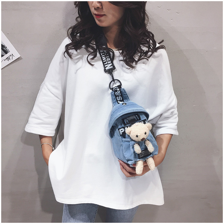 Japanese Small Bag New 2023 Cartoon Little Sheep Bear Cow Canvas Bag Cute Women's Chest Bag Denim Crossbody Shoulder Bag