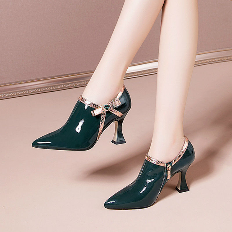Wexleyjesus   2021 NEW Fashion Spring Shoes,Women Pumps,High Heels,Patent Leather,Pointed toe,Bowtie,Side Zip,Female Footware,Black,Green