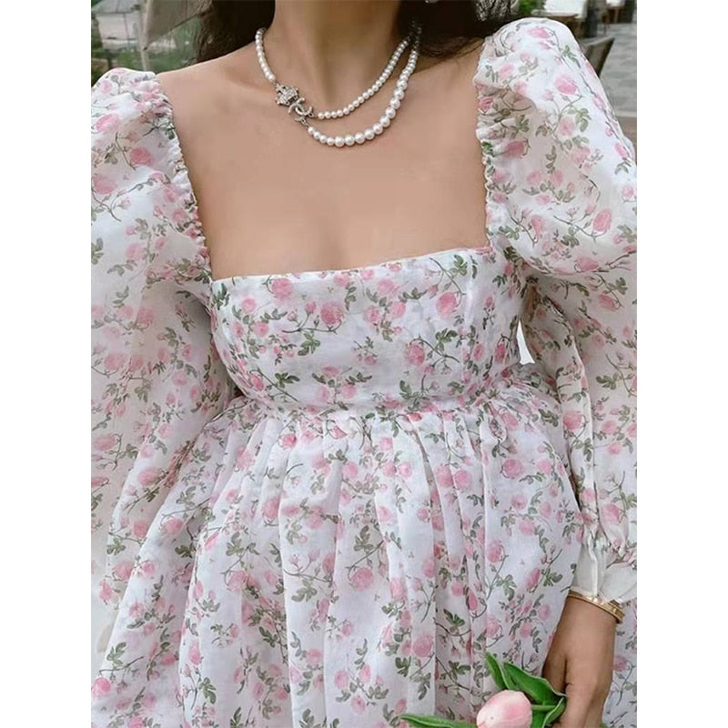 Summer Women Dress Both-Sides Wear Floral Print Chiffon Organza Dress Sexy Square Neck Puff Sleeve Party Prom Skirt Short Sweet
