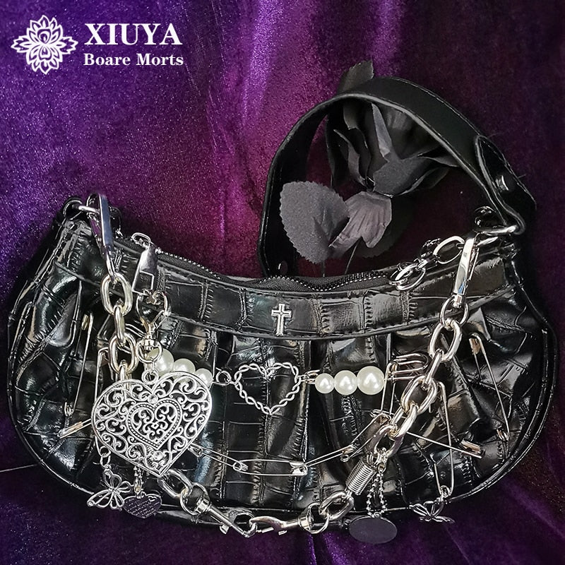 Xiuya Harajuku Gothic Shoulder Bag Women 2022 Vintage Cross Clip Pearl Chain Goth Bag Pleated Dumplings Handbag Woman Clutch
