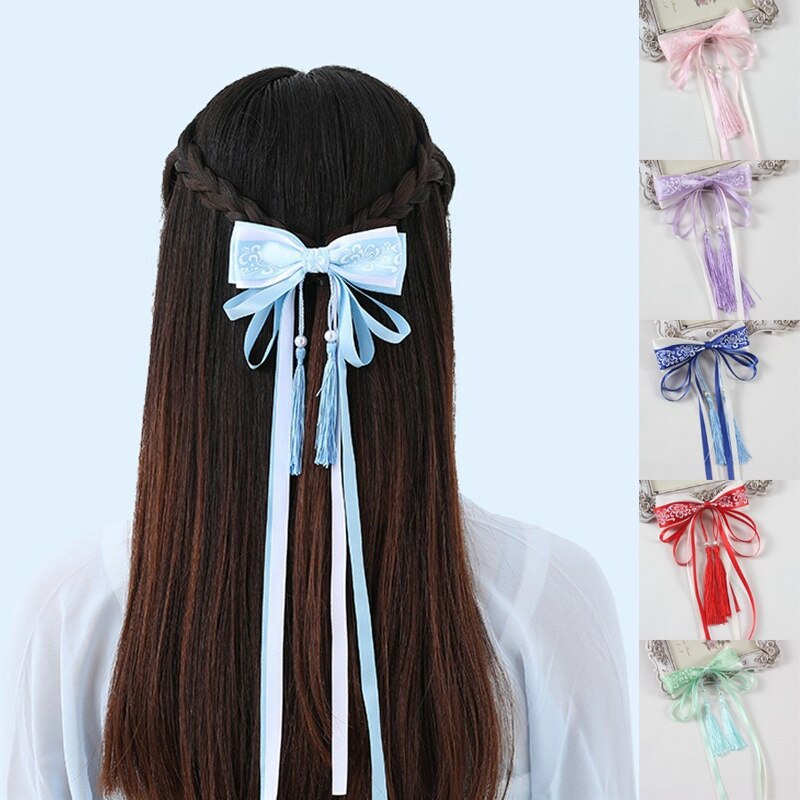 qfdian 1PCS Hanfu Hair Accessory Long Ribbons Headdress Chinese Bow Hair Pins Hair Clip Bowknot Ancient Style Chinese hair ribbon