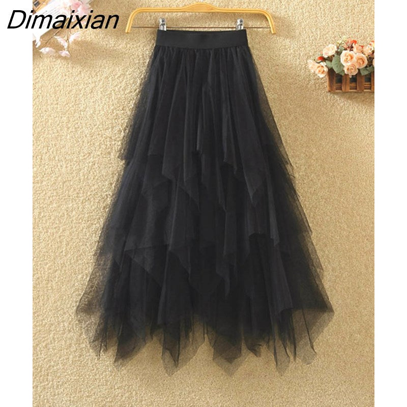 Dimaixian Women irregular Tulle Skirts Fashion Elastic High Waist Mesh Tutu Skirt Pleated Long Skirts Midi Skirt Saias Faldas Jupe Femmle