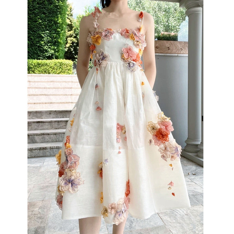 Postcard Floral Appliqué Linen Silk-blend Midi Dress White Elegant French Flower Fluffy Spaghetti Strap Long Prom Dress Summer