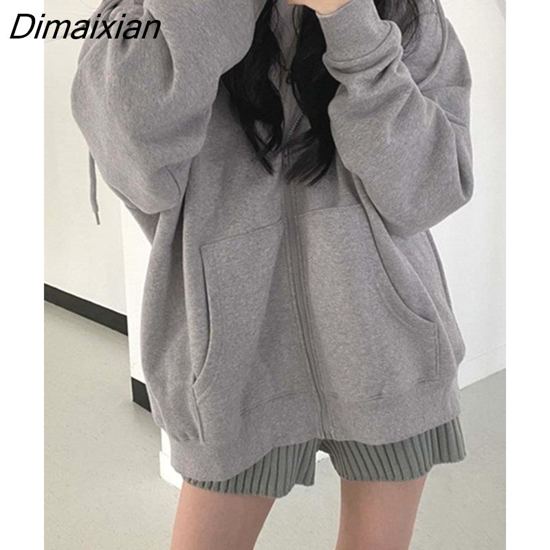 Dimaixian Women Hoodies Harajuku Korean Version Loose Sweatshirts Vintage Solid Color Long Sleeve Hooded Sweatshirt Zipper Coats