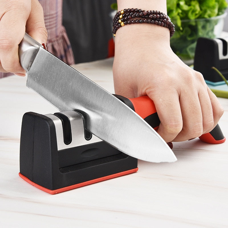 Afiador de facas de cozinha de 3 segmentos doméstico multifuncional portátil de três finalidades preto pedra de afiar