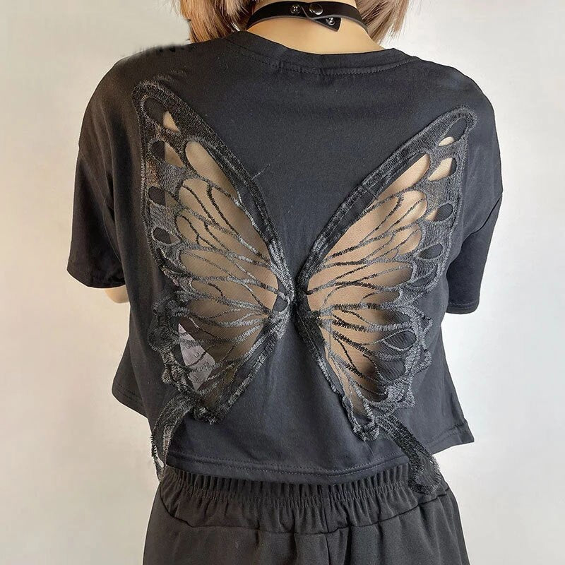 Y2K T-shirt short-sleeved monochrome butterfly cutout top Female clothing harajuku gothic clothes Oversized t-shirt crop size
