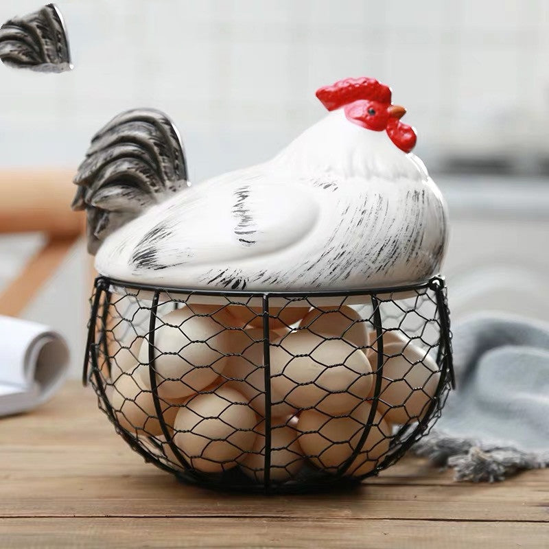 Ceramic Rooster & Iron Woven Basket