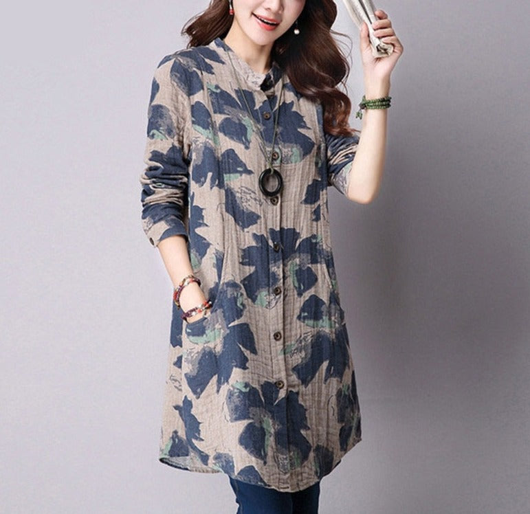 Hnewly Spring New Fashion Floral Print Cotton Linen Blouses Casual Long Sleeve Shirt Women  Top With Pockets