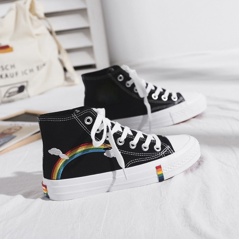 Women Canvas Sneakers Rainbow High Top Canvas Shoes Woman Sneakers Vulcanized Shoes Fashion Summer Sneaker Flats White Shoes