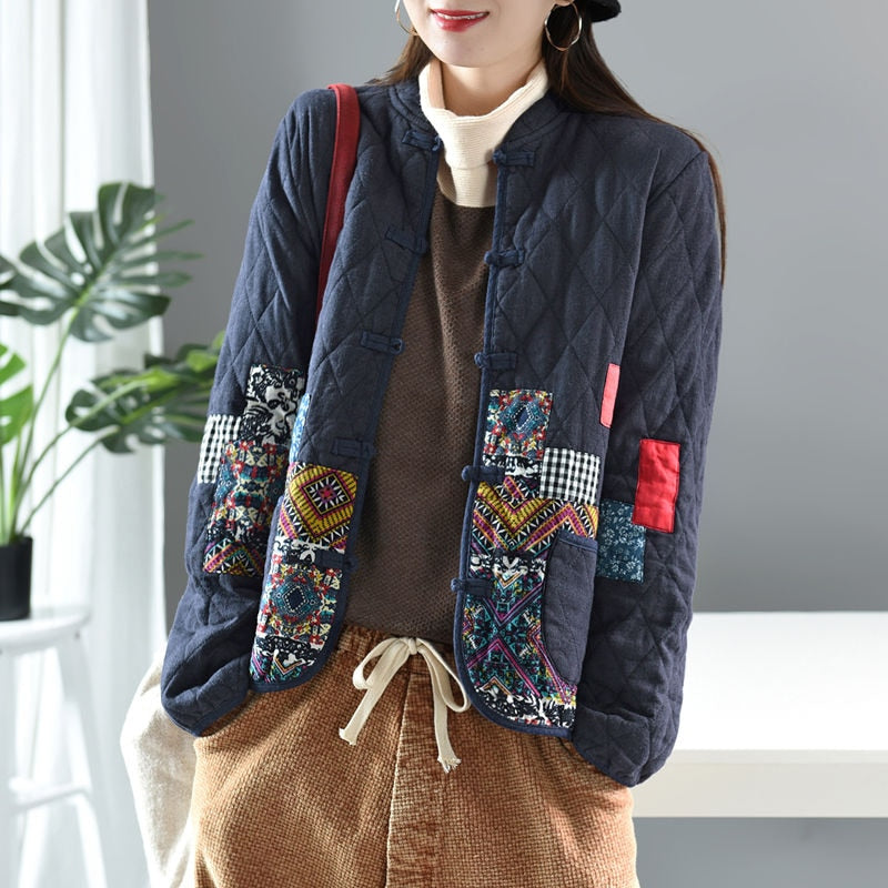 Autumn Winter Arts Style Women Long Sleeve Vintage Short Coat Patchwork Cotton Linen Single Breasted Thicken Jackets S407