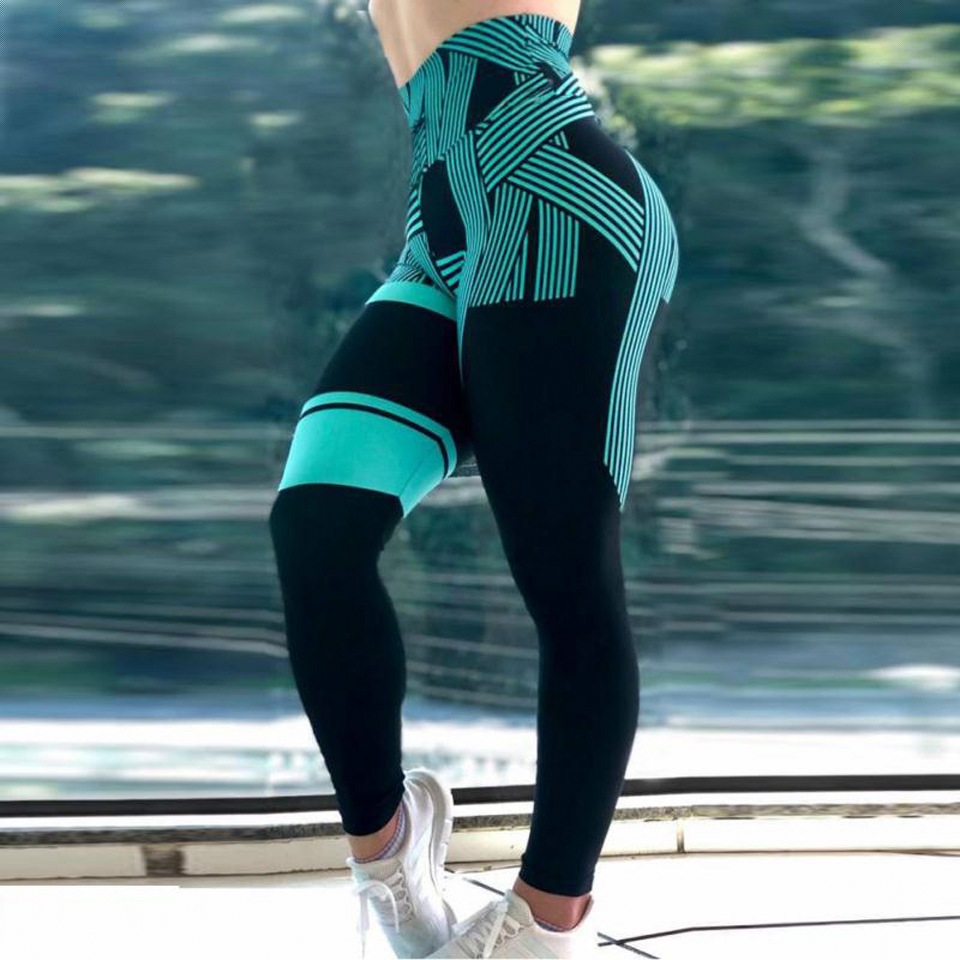Spot New Ebay Amazon Stripe Digital Print Hip Lift High Waist Fitness Yoga Sports Leggings for Women