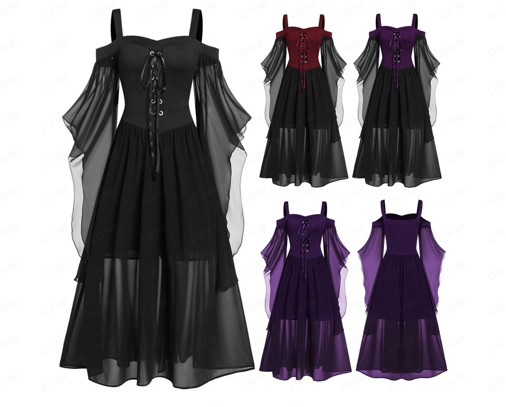 Gothic Dresses for Women Halloween, Plus Size Cold Shoulder Butterfly Sleeve Lace Up Dress Mesh Gothic Dresses
