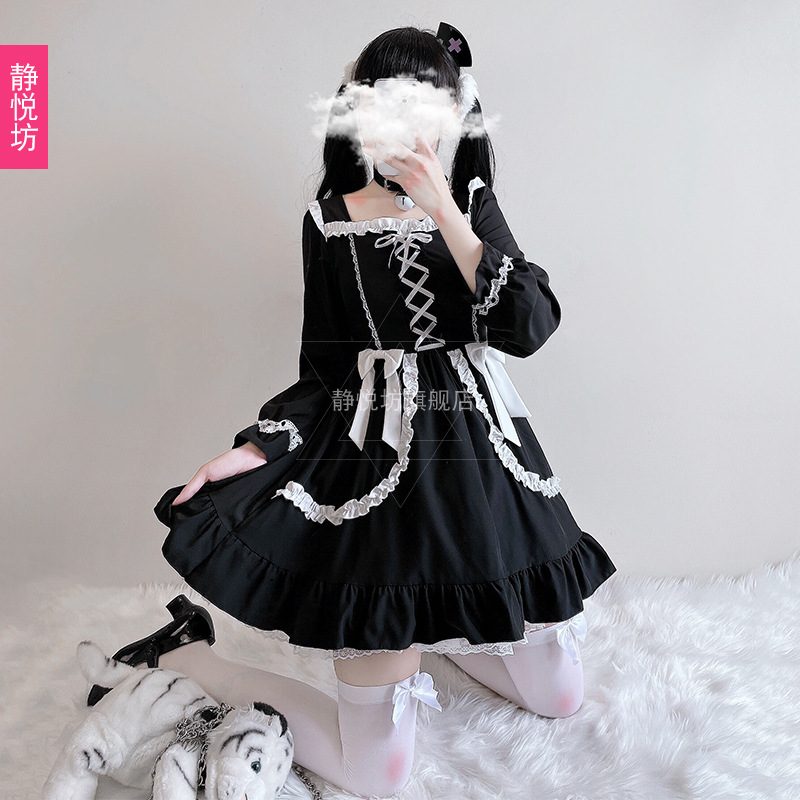 Dark Lily Dress Cosplay Halloween Costume Lolita Lace Bow Sexy Little Black Dress Girl