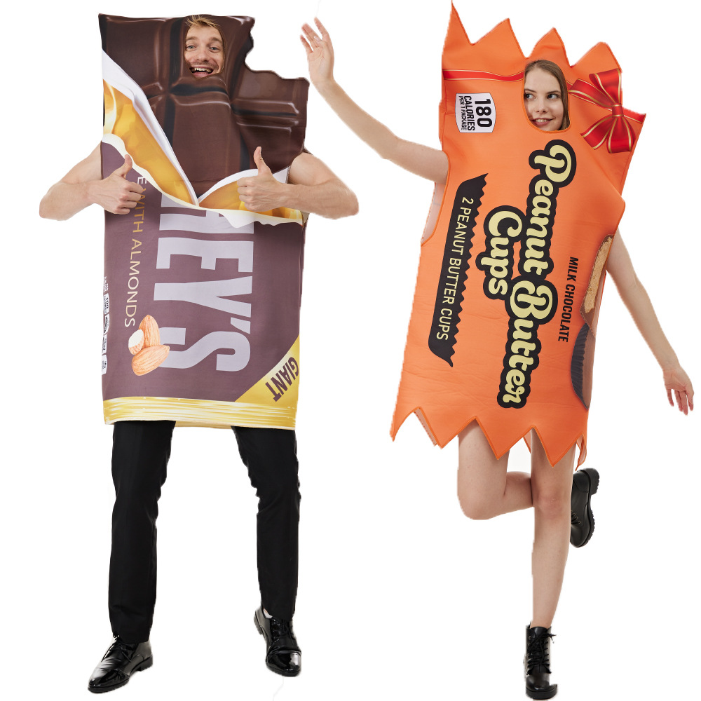Halloween party attire, peanut butter chocolate bars, cosplay, couple attire, jumpsuit, fun performance attire