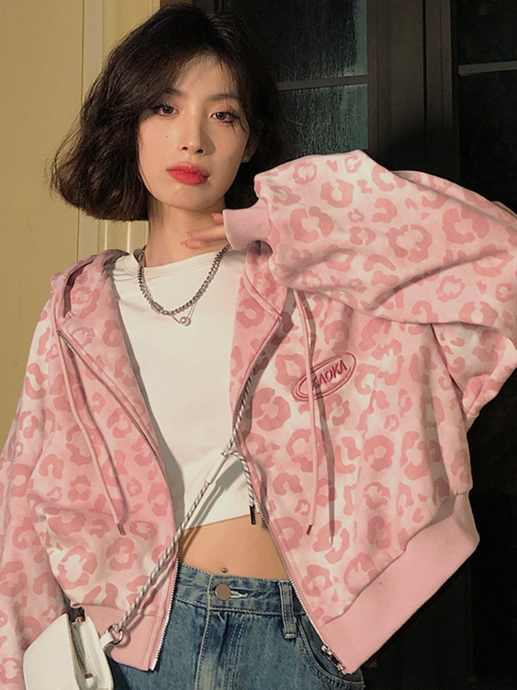 Deeptown Preppy Style Pink Sweatshirts Leopard Print Y2K Harajuku Oversized Hoodies Women Vintage Zipper Cropped Top Cute Jacket