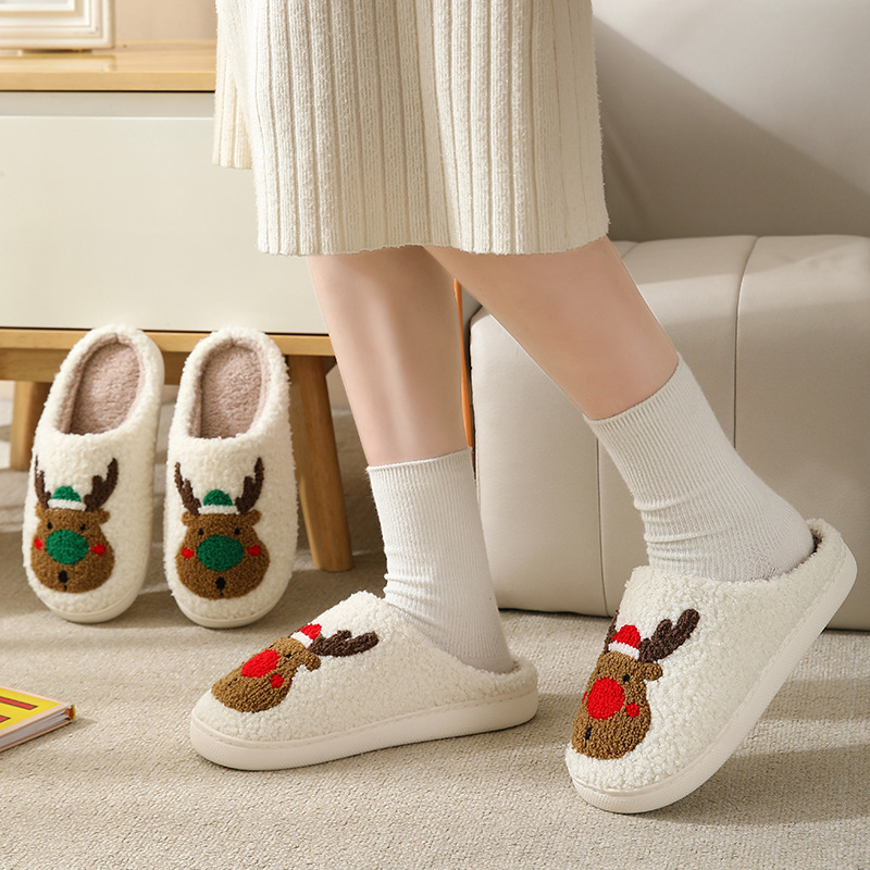 Christmas Reindeer Cotton Slippers for Couples - Cute Cartoon Design, Non-Slip, and Warm for Autumn and Winter